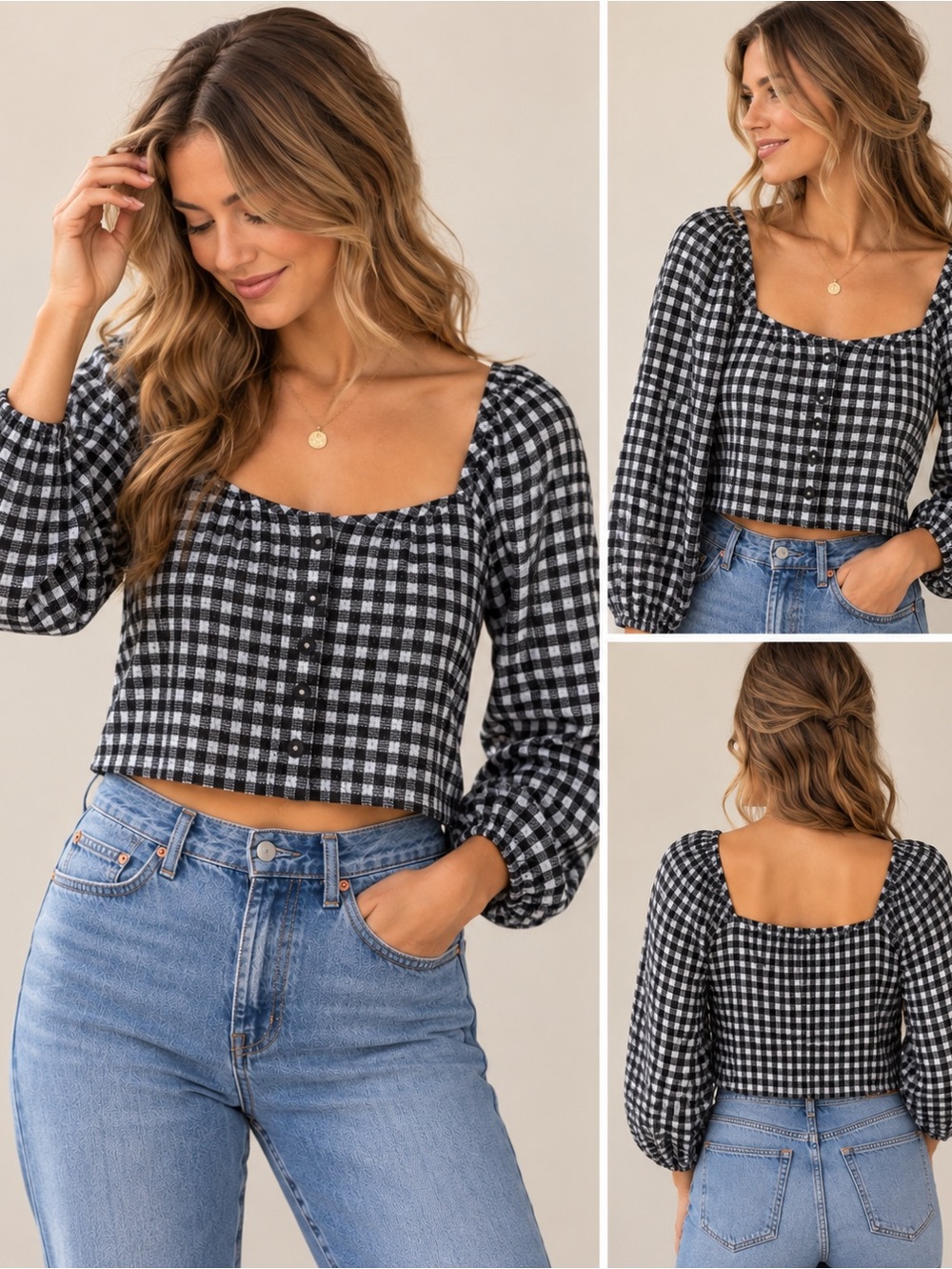 Madewell Black White Gingham Square Neck Puff Sleeve Crop Top Medium SP22